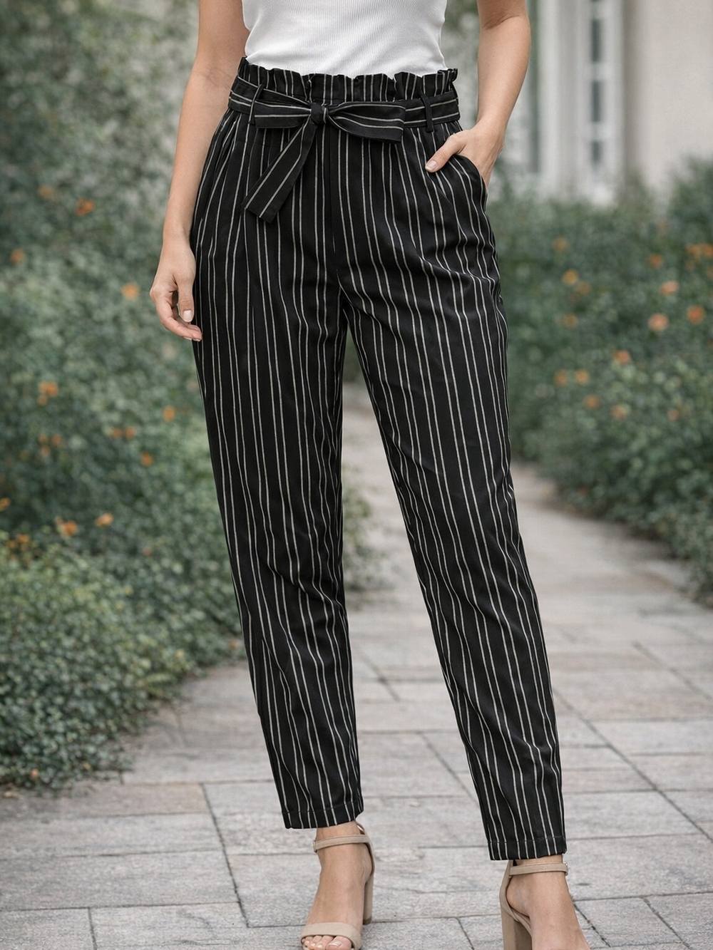 Striped Paperbag Waist Trousers - Black